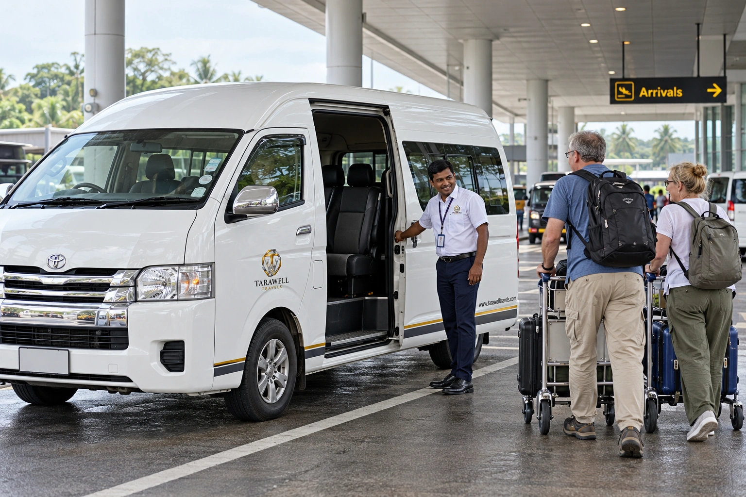 Chauffeur-guide meeting guests at the airport van