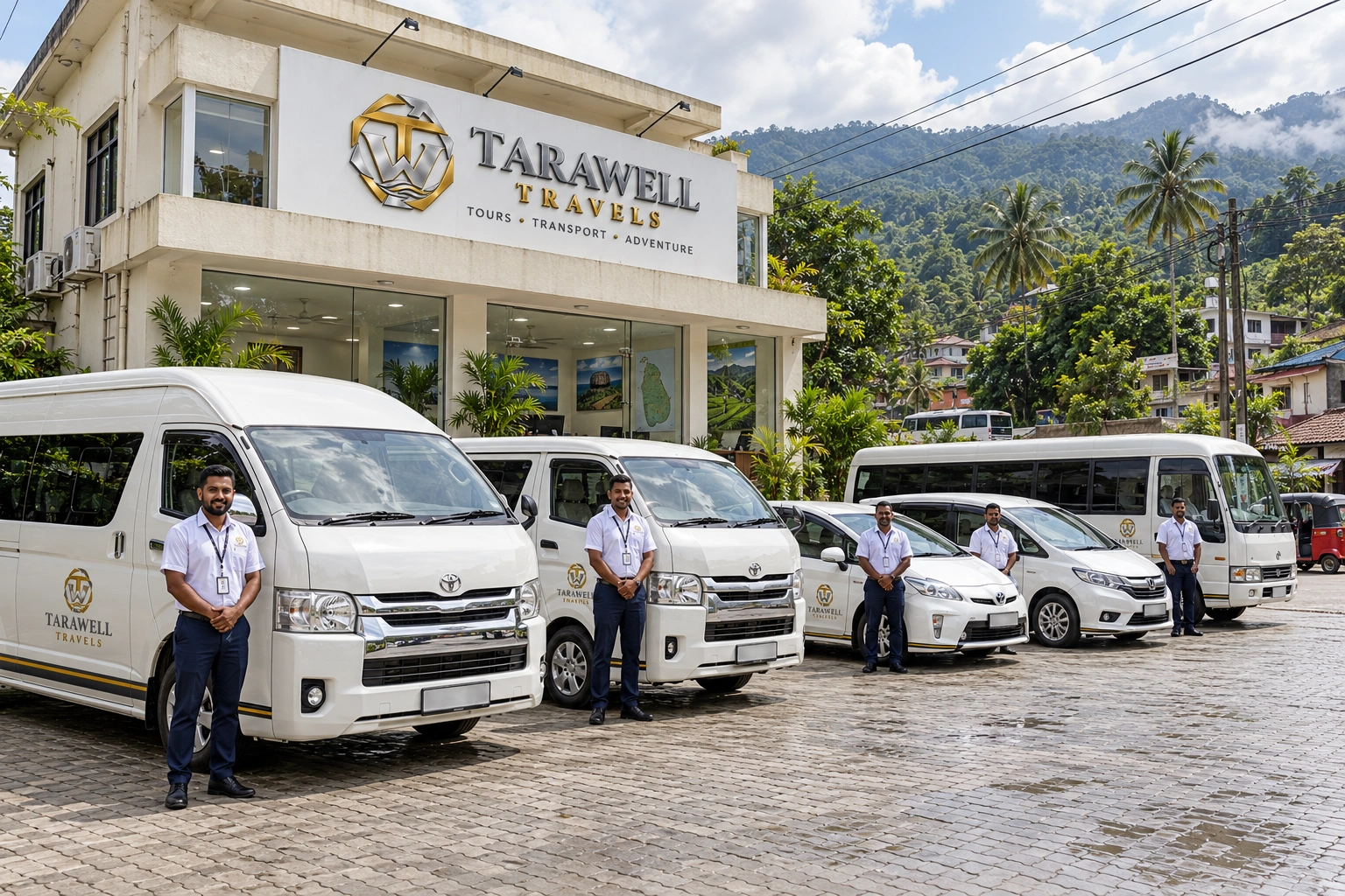 Company-owned tourist vehicles ready for departure