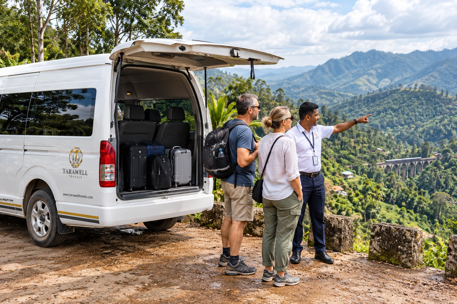 Chauffeur-guide with guests at a hill country viewpoint