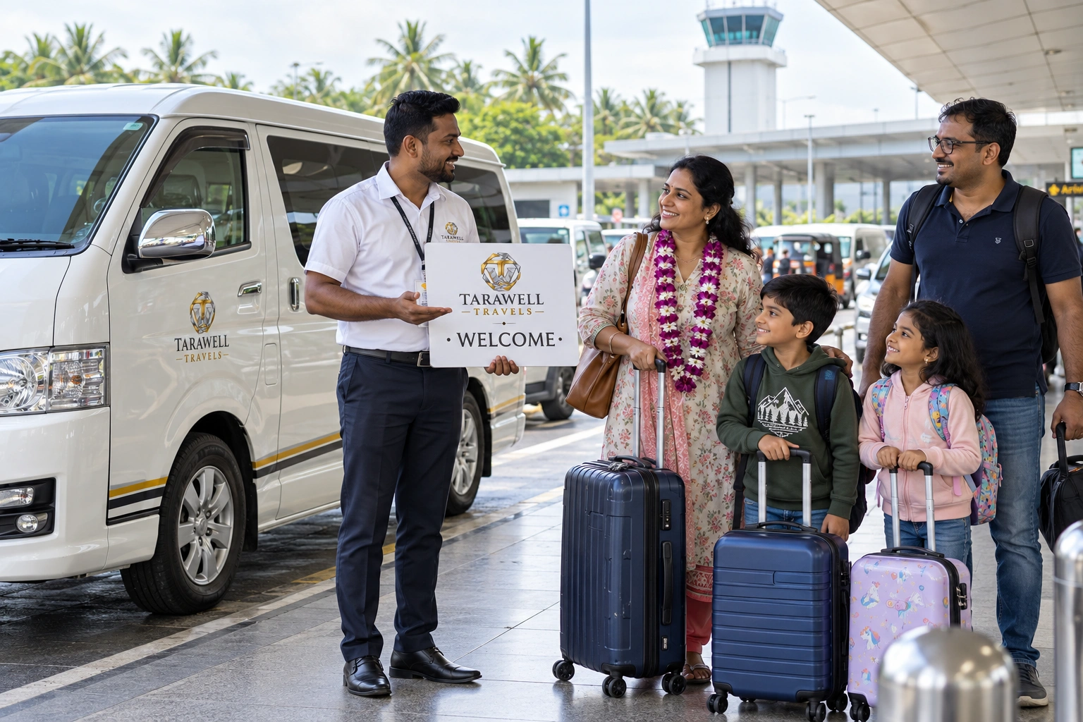 Chauffeur-guide welcoming a family at the airport