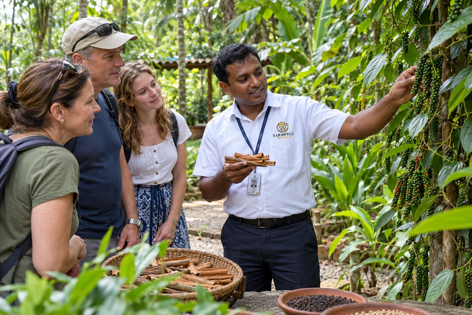 Guide showing guests a spice garden in Matale